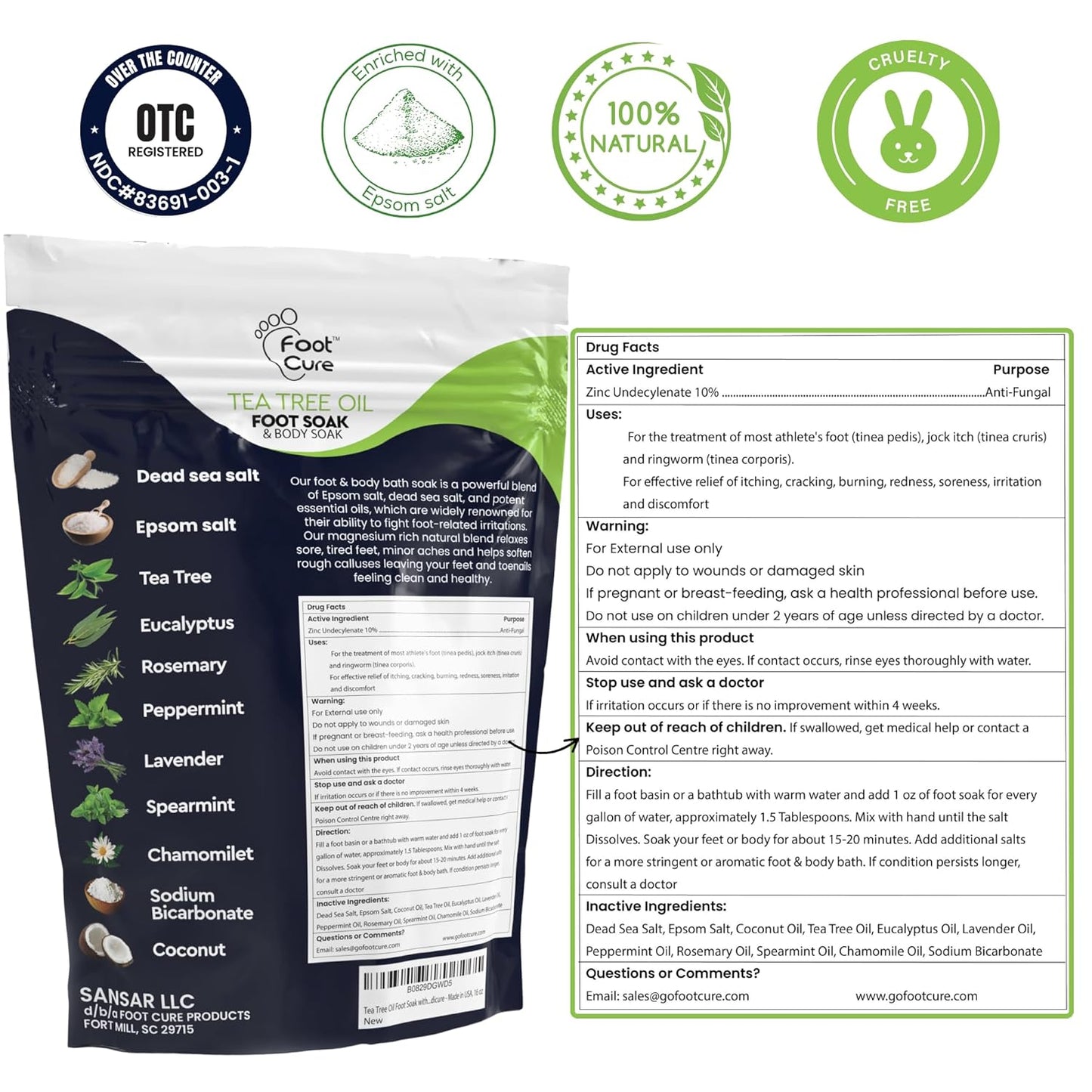 FOOT CURE Tea Tree Oil & Soothing Lavender Foot Soak with Epsom Salt - Best Toenail Treatment & Softens Calluses - Soothes Sore & Tired Feet, Foot Odor Scent, Spa Pedicure - 16 oz (Pack of 2)