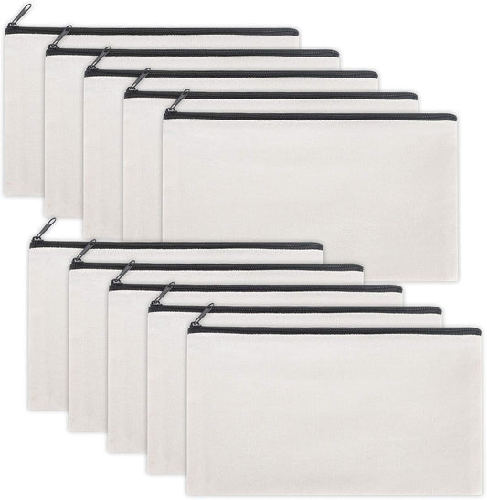 12 Pieces White Cotton Canvas Makeup Bag, Multipurpose Cosmetic Bag with Zipper Travel Toiletry Pouch, Blank DIY Craft Bag (White, S)