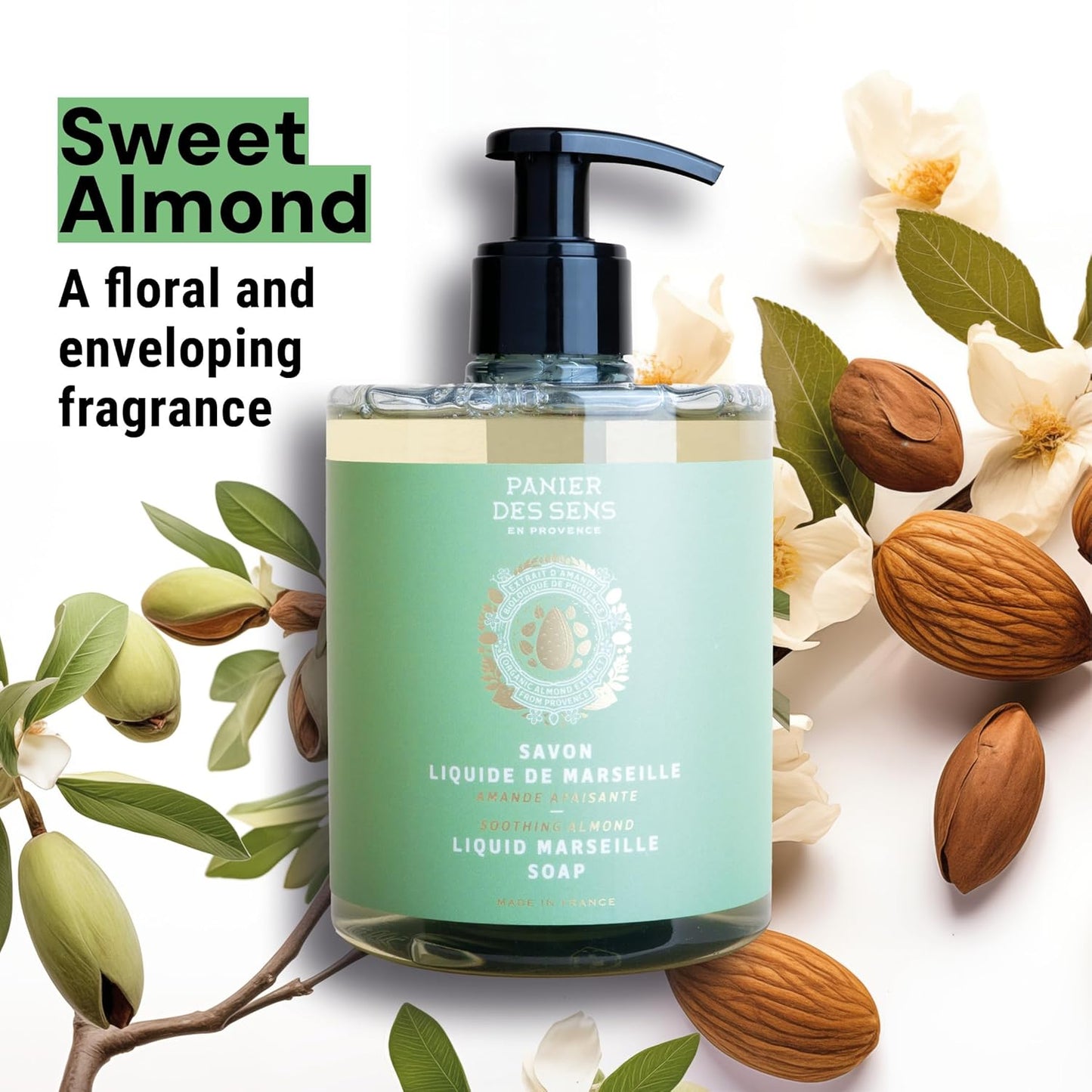 Panier des Sens - Liquid Hand Soap - Almond Hand Wash - French Marseille Moisturizing Hand Soap with Coconut Oil - Refillable Kitchen - 96% Natural Ingredients -16.9 Fl.oz