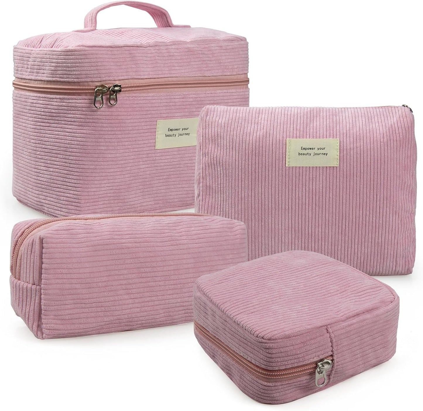 4 Pcs Makeup Bag for Women Corduroy Cosmetic Bag Aesthetic Cute Bags Multi Size Purse Pouch Travel Toiletry Bag Set Makeup Organizer with Zipper(Pink)