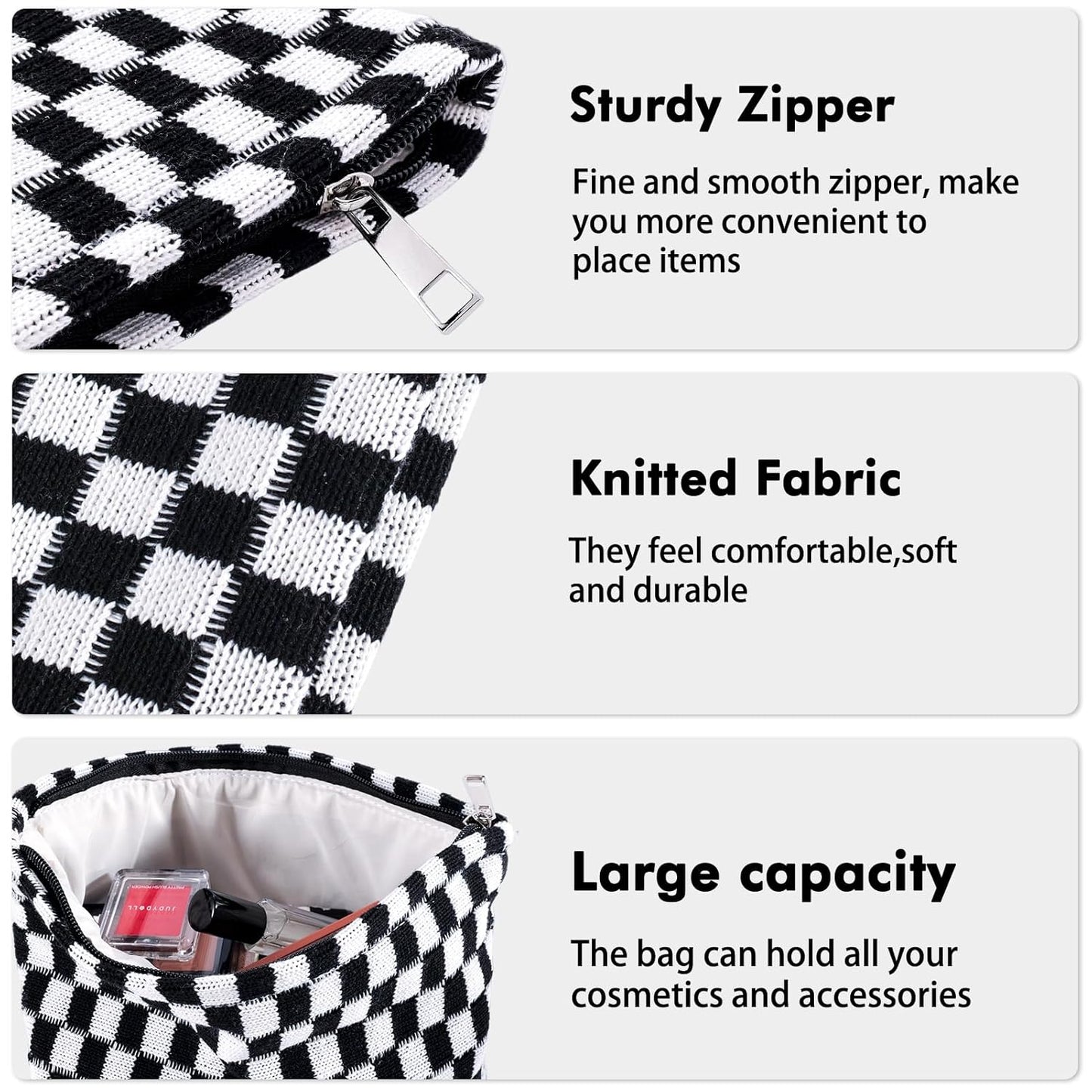 ZLFSRQ 2Pcs Checkered Makeup Bag for Women Large Small Checkered Cosmetic Bag Set Aesthetic Preppy Pencil Case Cute Pencil Pouch Black Makeup Pouch for Purse Travel Toiletry Bags Zipper Skincare Bags