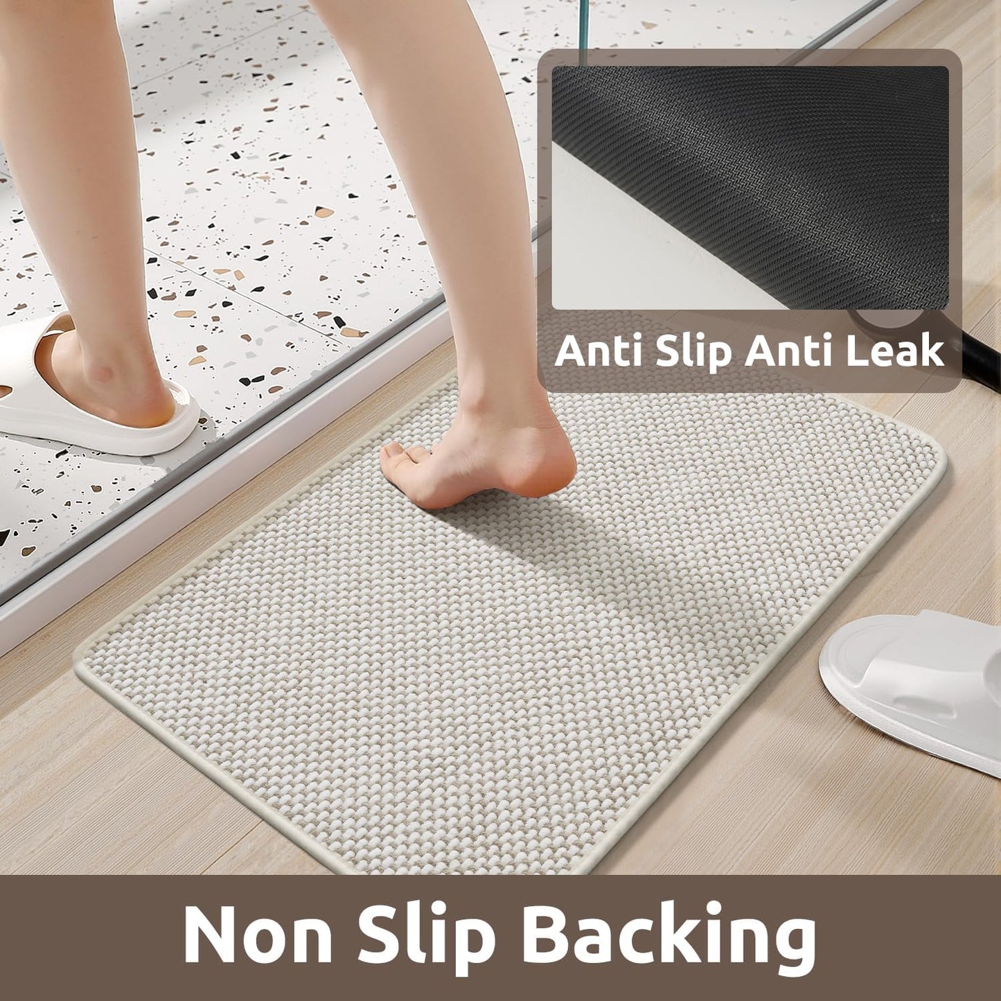 AMOAMI Chenille Bath Mat Super Absorbent Bathroom Mat Quick Dry Bath Mats for Bathroom Rubber Backed Bathroom Rugs Non Slip Washable Fit Under Door, Front of Bathtub, Sink, Beige&White 17"x24"