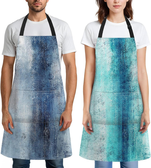 Britimes 2 Pack Aprons, Abstract Oil Paint Adjustable Bib Aprons with 2 Pockets for Women Men Couple Lovers Chef Home Kitchen Cooking Baking Gardening Teal Blue Apron 32x28 Inches