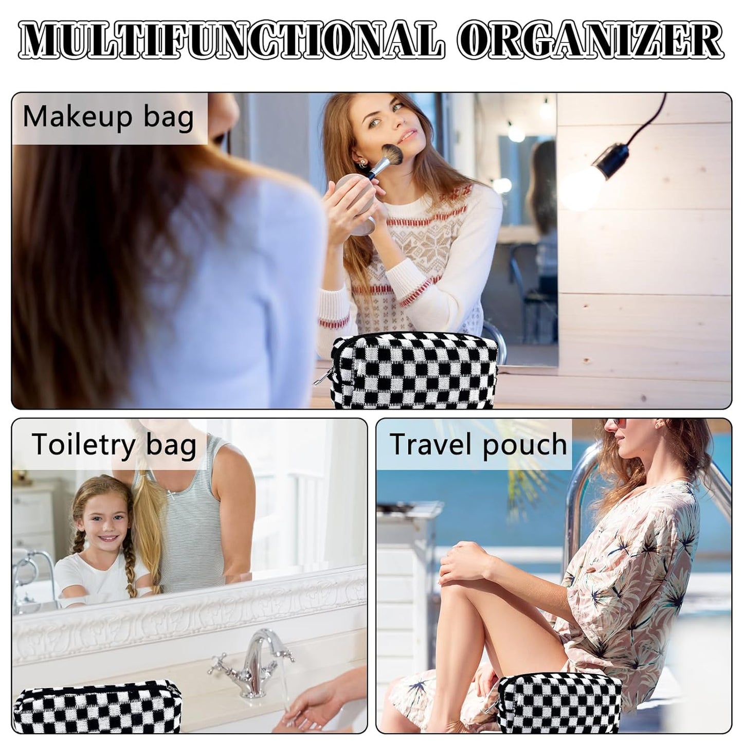 2Pcs Checkered Pencil Case Cute Pencil Pouch for Teens Checkered Makeup Bag Travel Cosmetic Bag Set Cute Makeup Pouch for Purse Portable Zippered Skincare Bags Preppy Toiletry Bags Organizer(Black)