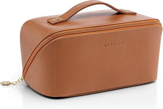 Vlando Makeup Bag,Large Capacity Travel Toiletry Bag,Cosmetic Bags for Women PU Leather Waterproof Portable Pouch with Divider & Handle-Brown