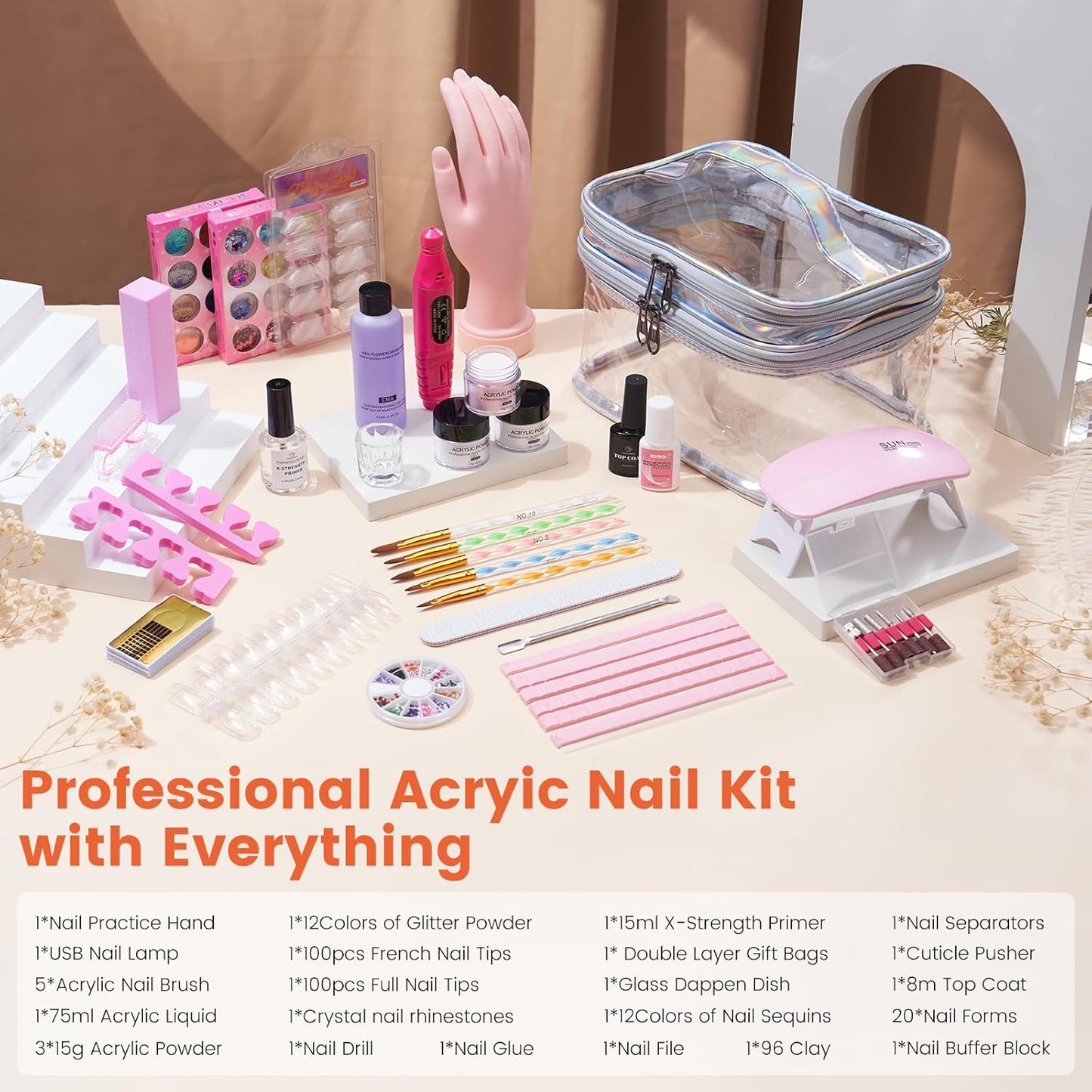 Acrylic Nail Kit for Beginners with Everything: Practice Nail Hand Acrylic Nail Powder Liquid Set with U V Lamp Drill in Gift Bag for Home (Sliver Bag)