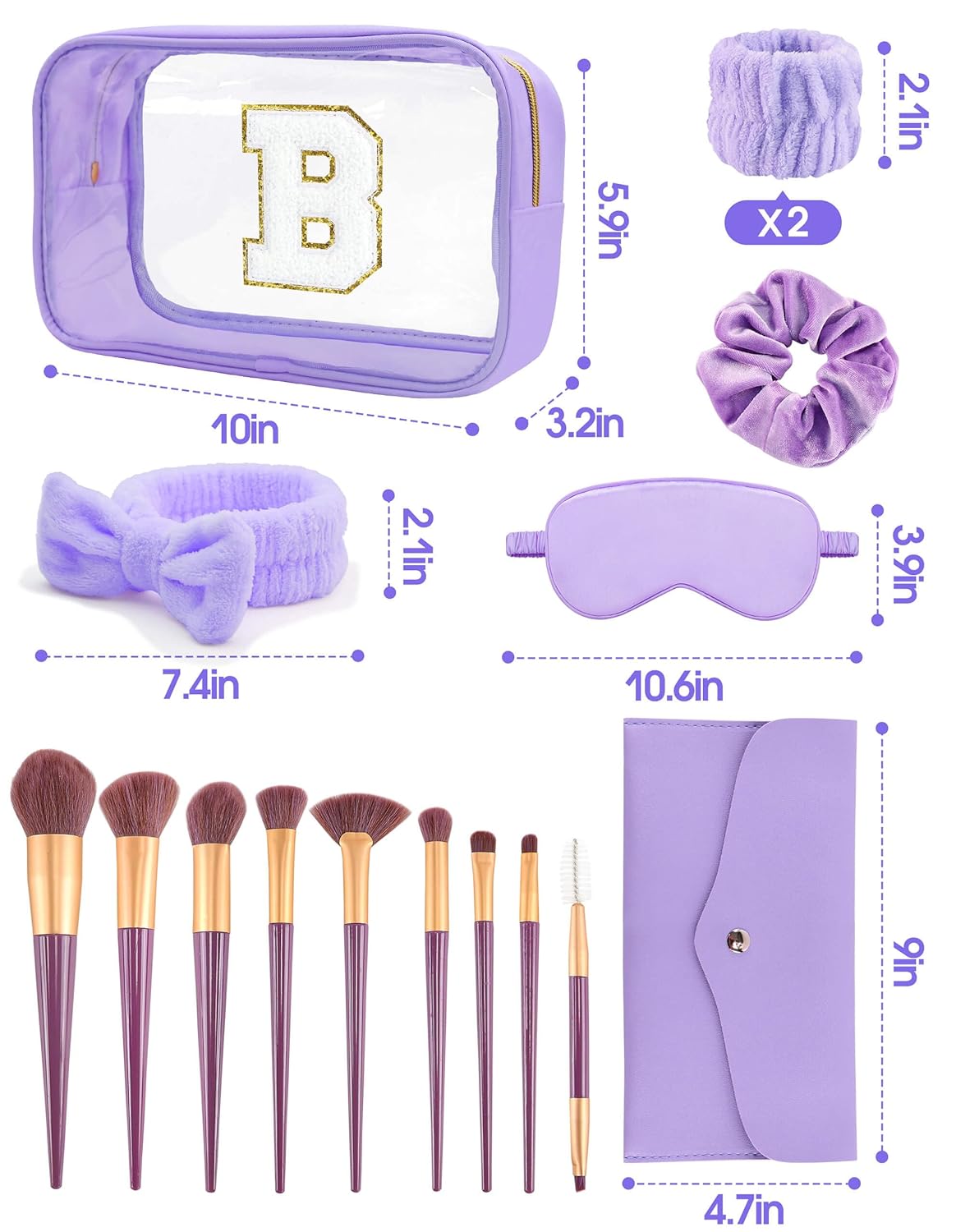 Gift Sets for Women, Initial Makeup Bag with Makeup Brush Set Bachelorette Party Favors, Purple Spa Kit with Skincare Headbands Wrist Bands Sleepover Party Supplies Gifts for Teen Girls Bridesmaid B