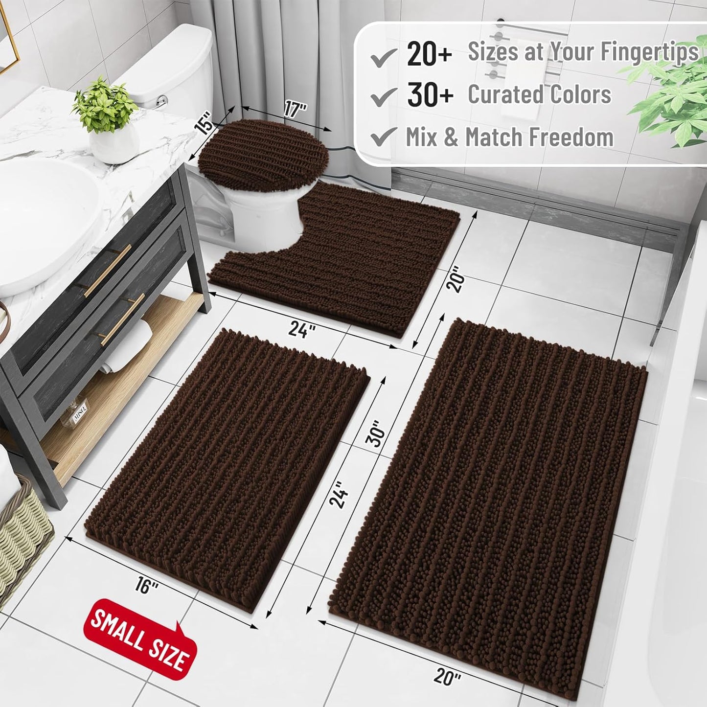 Arotive Luxury Chenille Bathroom Rug Mat, Extra Soft Thick Absorbent Shaggy Bath Rugs, Non-Slip Machine Wash Dry, Plush Bath Mats for Bathroom, Shower and Tub, 47x32, Brown