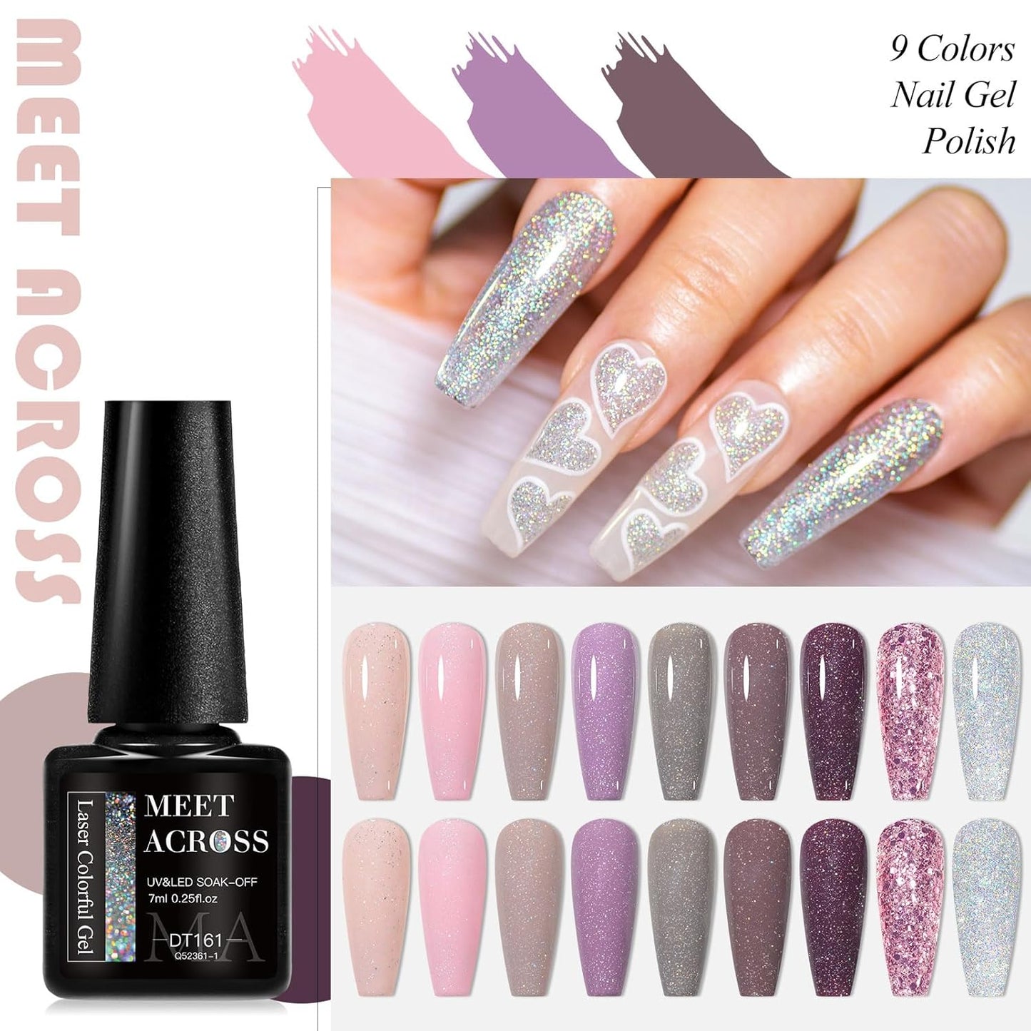 MEET ACROSS 9 Colors Gel Nail Polish + 3PCS Function Gel Nail Polish Kit,Fashion Nail Art Set Design Gifts for Women Manicure Salon (SET9, 12pcs)