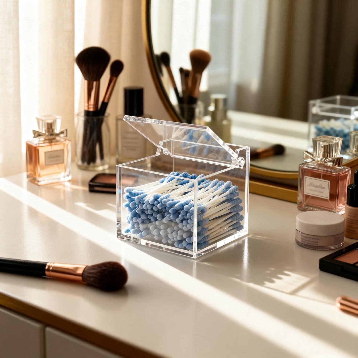 Clear Acrylic Qtip Holder With Lid Cotton Balls Swab Organizer,Square Q Tip Storage, Floss Picks, Bath Salts, Cotton Wab Holder,Home Bathroom Decor (DP011)