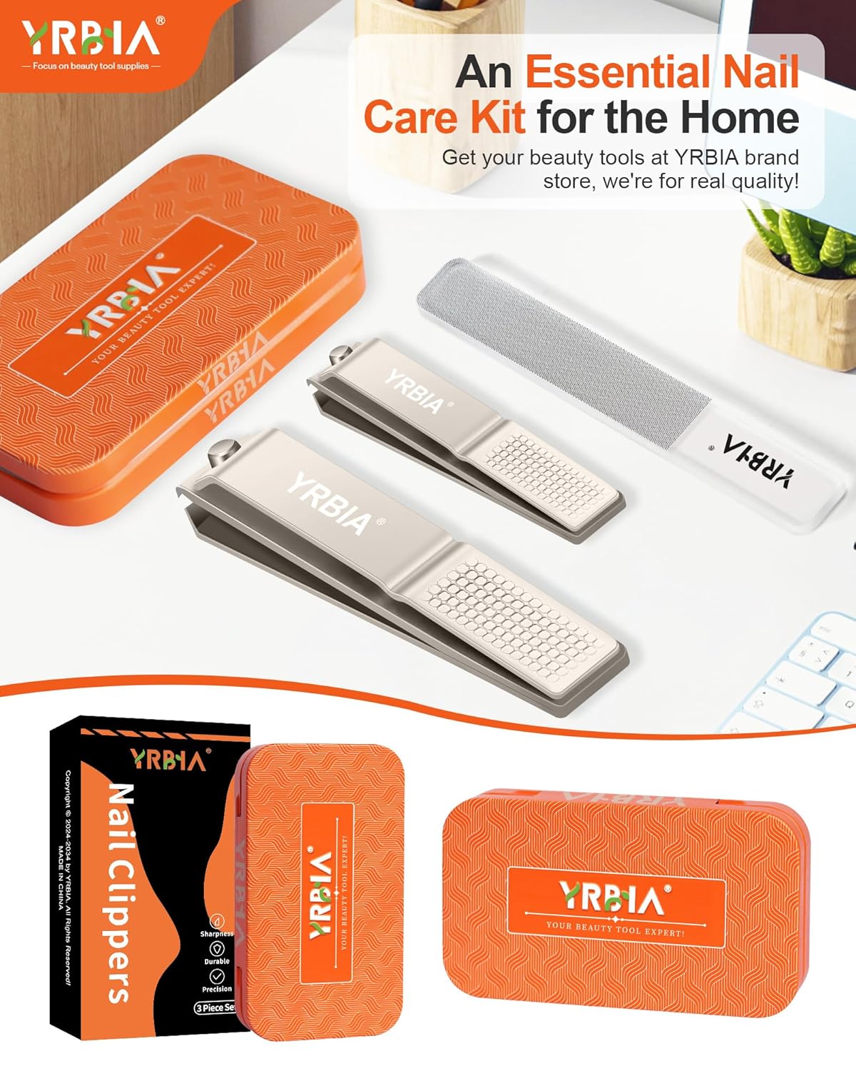 Nail Clippers with Glass Nail File, YRBIA 3 Piece Ultra Sharp Nail Clipper Set, Professional Fingernail & Toenail Clippers Nail Cutter for Men and Women (Champagne)