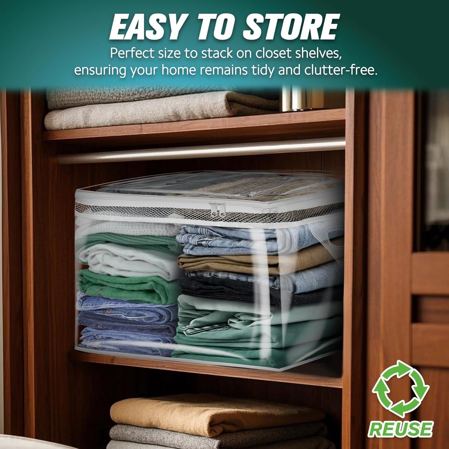 HIBAG 10 Gallon Large Storage Bag for Clothes, Zipper Clothing Storage Bag, Clear Organizer with Reinforced Handles, for Closet and Underbed Storage (4 Pack)