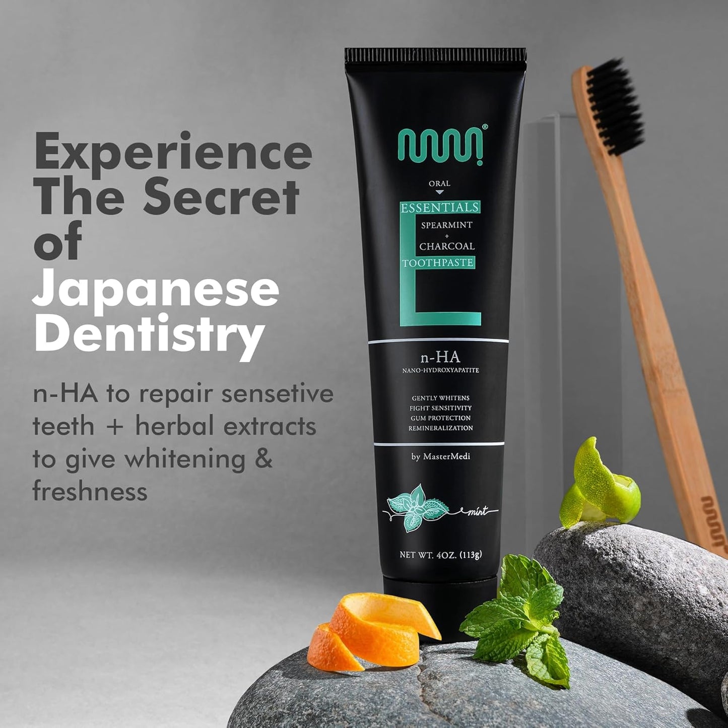 MasterMedi Nano Hydroxyapatite Toothpaste (Inspired by 10% nHA Formulas), Fluoride-Free, Charcoal Whitening, Sensitive Teeth Care, Enamel Support, SLS-Free, Xylitol, Citrus Mint, 4 Oz (Pack of 3)