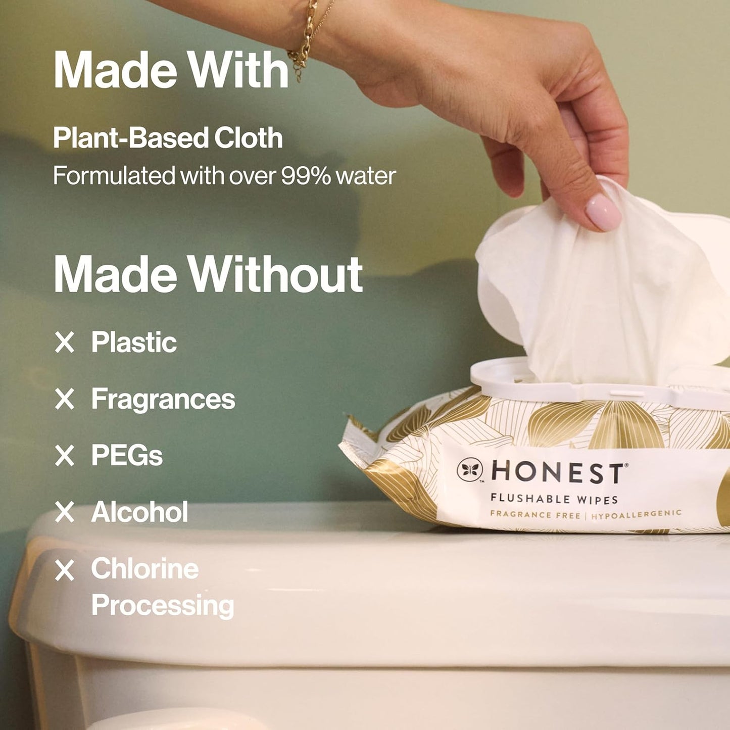 The Honest Company Flushable Wipes for Sensitive Skin | Fragrance Free, Hypoallergenic, 99% Water, Safe to Flush | pH Balanced Feminine Wipes | Gilded Wings, 42 Count