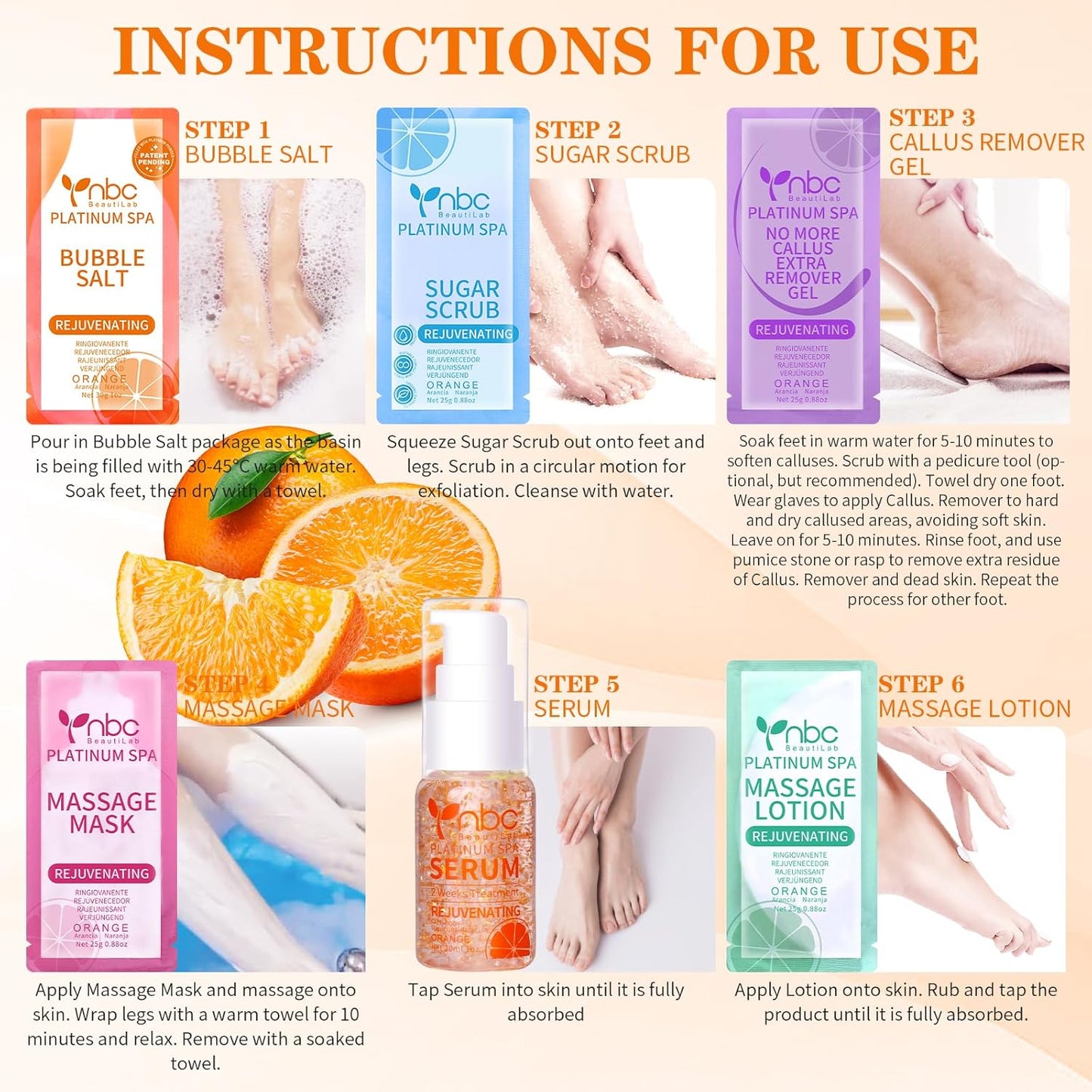 Pedicure Foot Soak Set - Upgraded 6 in 1 Foot Spa, Foot Bath Spa, Pedicure Kit for Tired & Dry Cracked Feet, Athletes Feet, Bad Odor, Softens Calluses (Orange)