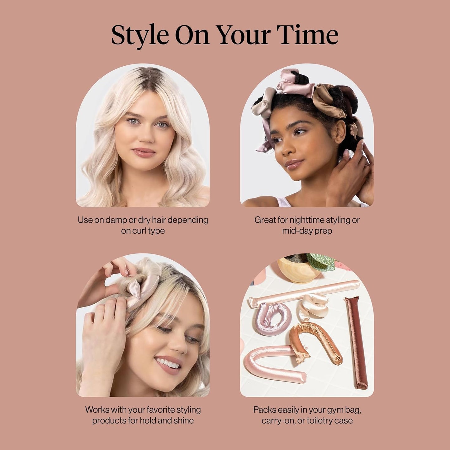 Kitsch Satin Heatless Hair Curlers – No Heat Hair Curlers to Sleep In for Overnight Curls – Soft Heatless Curling Rods for Women with Short & Long Hair - Alternative to Heat Styling – 6 pcs, Rosewood