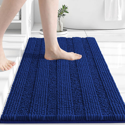 Grandaily Chenille Striped Bathroom Rugs 24x16, Extra Thick and Absorbent Bath Mats, Non-Slip Soft Plush Shaggy Shower Carpet, Machine Wash Dry, Bath Rug for Bathroom, (Small, Royal Blue)