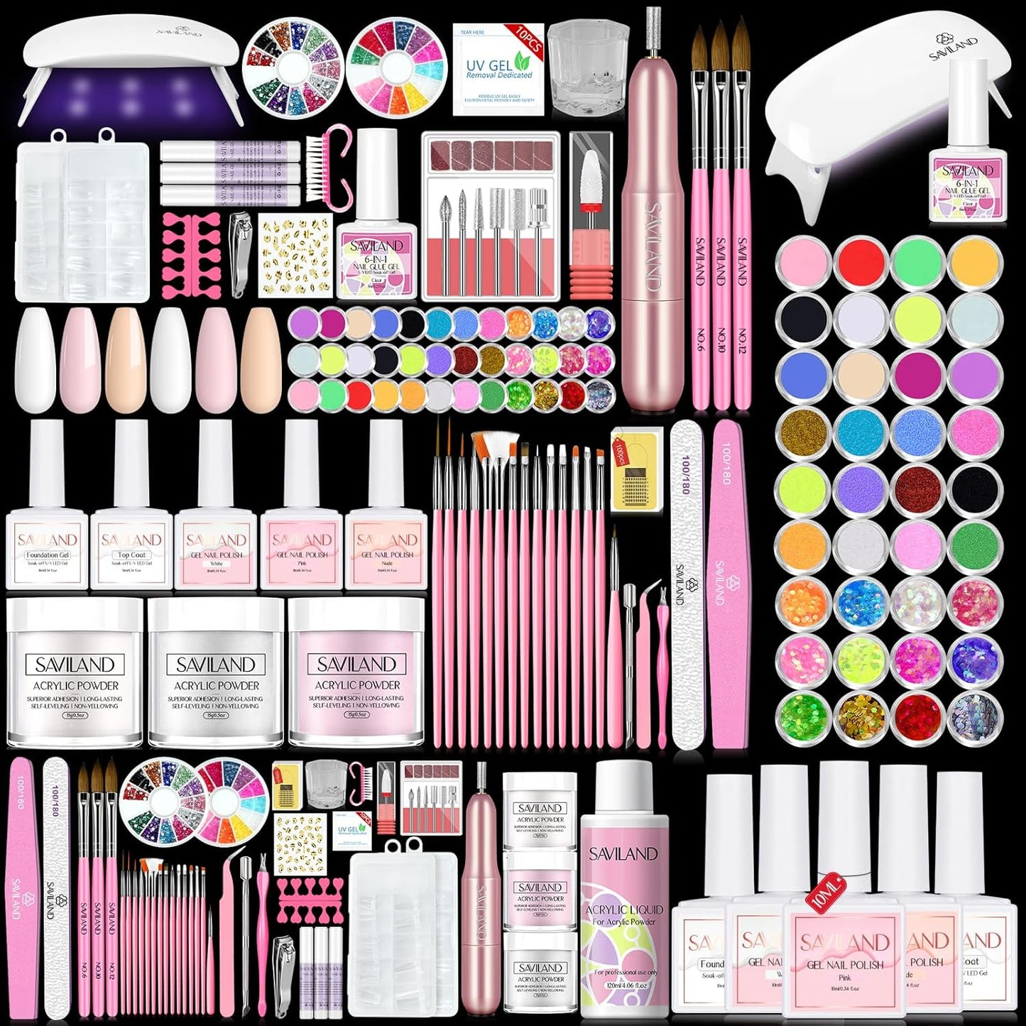 SAVILAND Acrylic Nail Kit with Nail Drill: Nails Kit Acrylic Set Professional Acrylic with Everything U V Light Nail Art Brush Glitter Nail Powder Nail Stuff for Home DIY Salon Use Christmas Gift Set