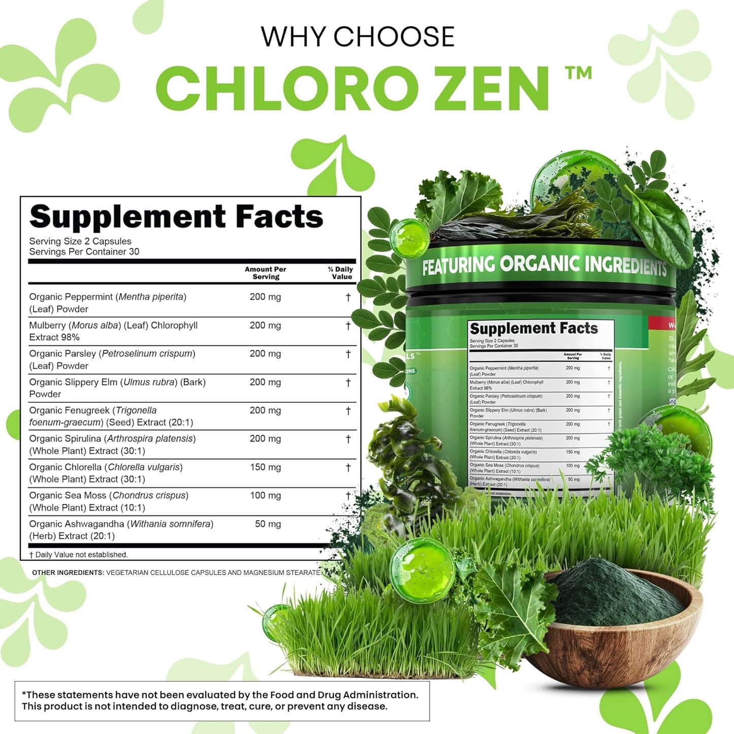 Clean Nutra Chlorophyll Peppermint Slippery Elm Spirulina Chlorella Fenugreek Ashwagandha Sea Moss Supplement – Ph Balance for Women Detox Internal Deodorant Supplements + Prebiotics 60 Vegan Capsules