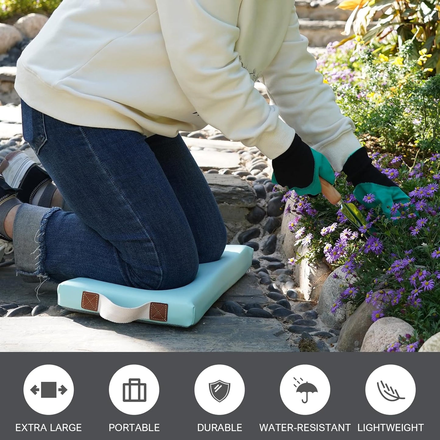 HappyPicnic Waterproof Kneeling Pad for Garden or Bath, 2 inch Thick Soft Foam Kneeler Mat for Gardeners Knee Support or Bathtub Bathing Baby with Handle and Removable Cover-Green