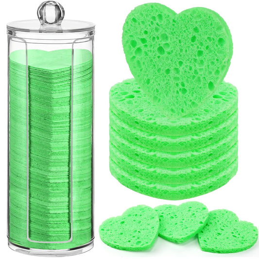 Sieral 120 Pcs Compressed Facial Sponges with Container Disposable Face Sponge Pads for Washing Face Cleansing Exfoliating Esthetician Makeup Removal(Heart,Green)
