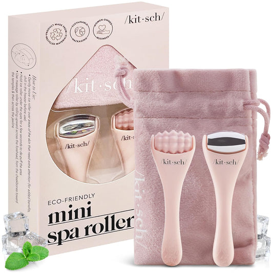 Kitsch Mini Facial Roller & Ice Face Roller Skin Care Tool Set for Women - Face Massager for Puffy Eyes, Cold Therapy, Lymphatic Drainage Massager, Self Care Gifts for Women & Men - Blush