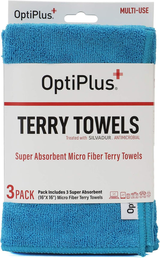 OptiPlus 16" x 16" Microfiber Terry Towels Treated with Silvadur 930 Antimicrobial - Blue