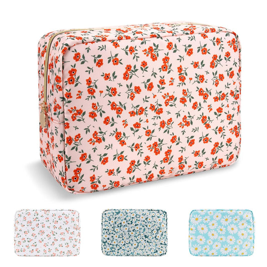 Waterproof Large Floral Makeup Pouch,Nylon Travel Toiletry Storage Purse Preppy Cosmetic Bag for Women Girl,Large Capacity Makeup Organizer Zipper Pouch for Work(L Pink-Flowers)