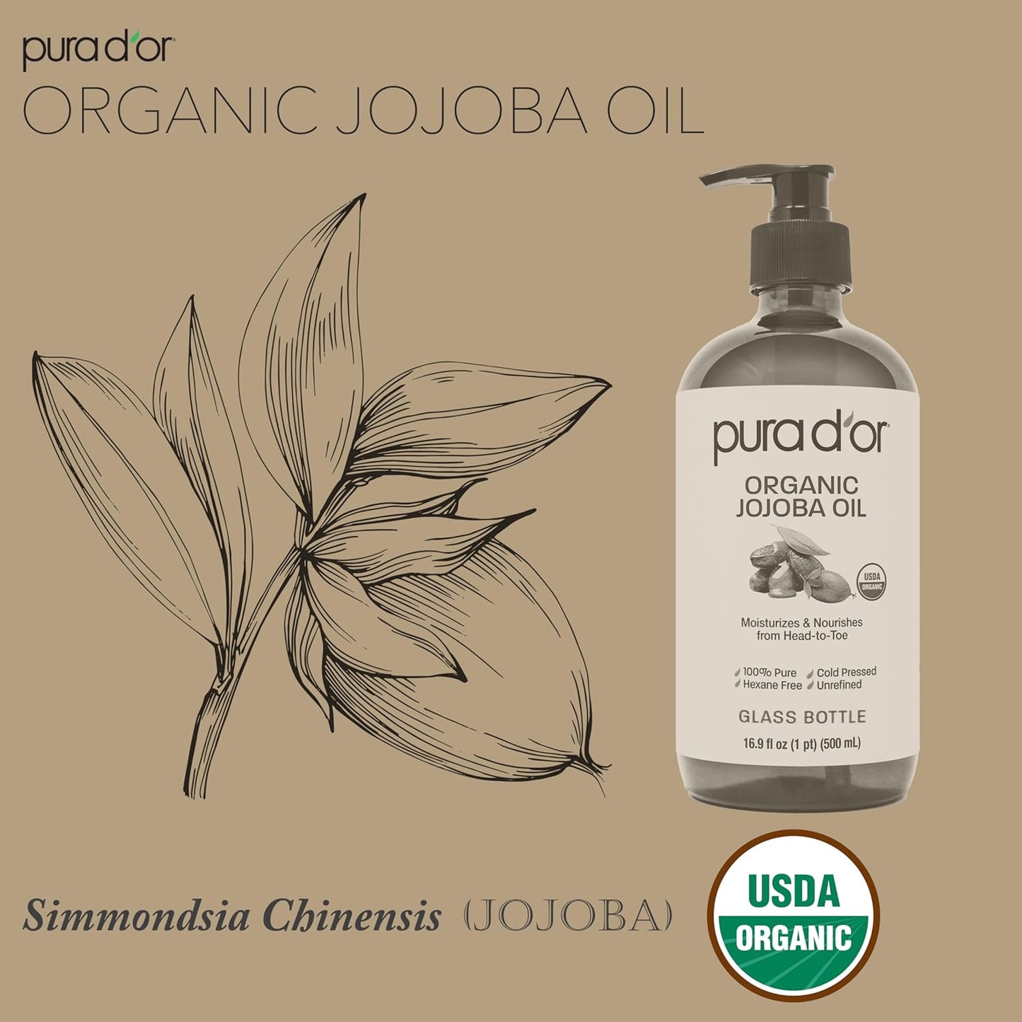 PURA D'OR 16.9 Oz Organic Jojoba Oil (GLASS BOTTLE) USDA Certified - 100% Pure & Natural Moisturizer - Cold Pressed, Unrefined, Hexane Free Base Carrier Oil For DIY Skin Care, Hair, Face & Nails