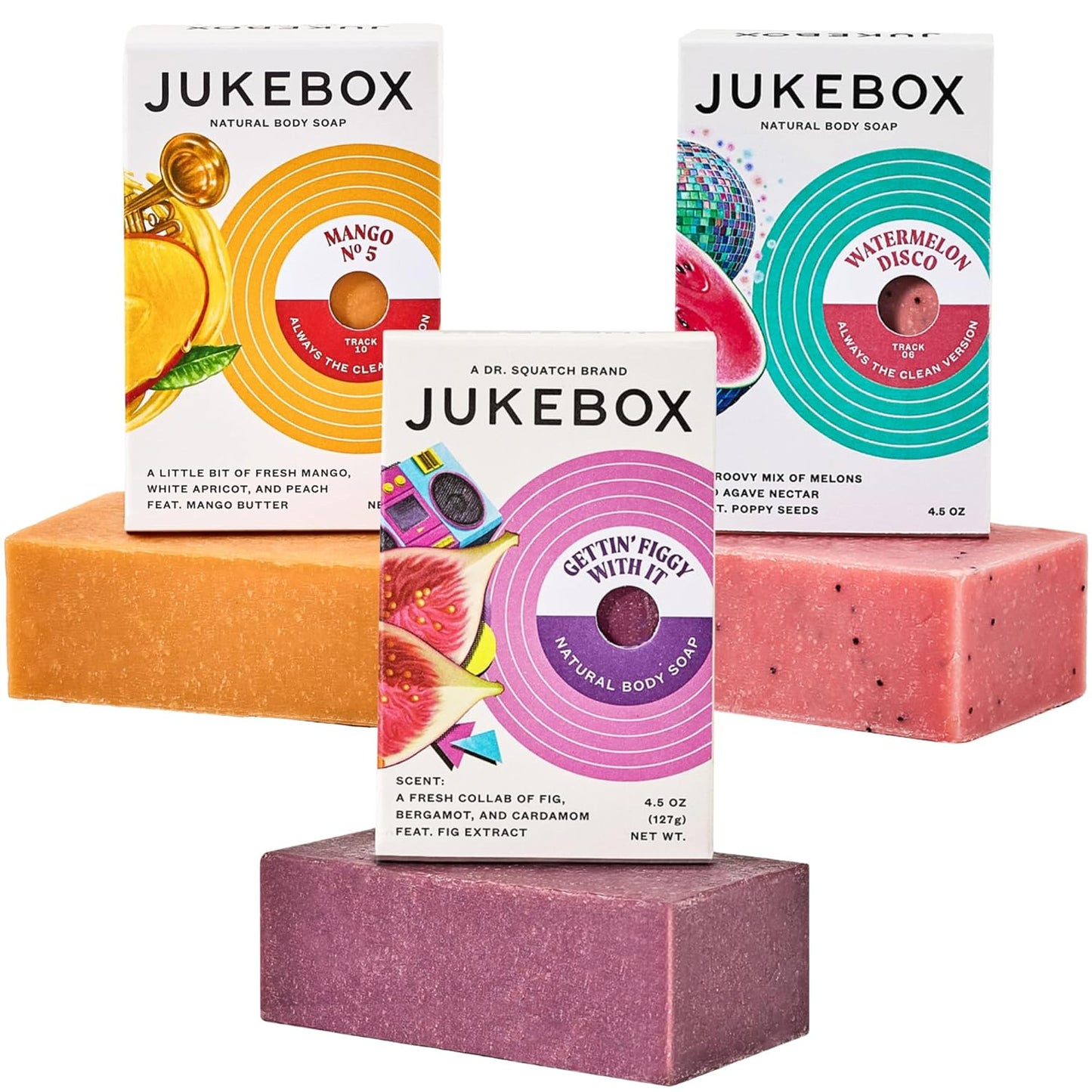 JUKEBOX Soap, Natural Bar Soap for Women,Watermelon Disco, Gettin' Figgy with It and Mango No. 5! Scents,Cold Process, Bath Soap,No Harmful Ingredients,All Skin Types-a Dr. Squatch Brand-4.5oz, 3 Pack