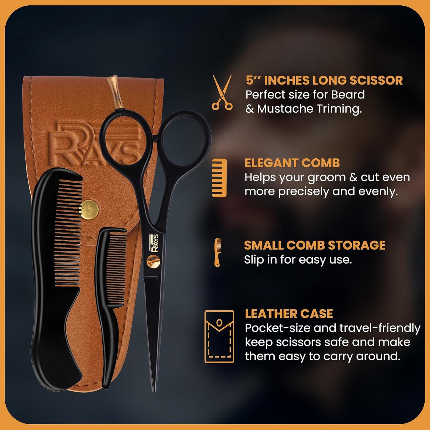 5'' Beard Scissors for Men- German Mustache Scissors with Beard & Mustache Comb- Beard Trimming Scissors with Travel Pouch- Mustache Grooming kit for Men Facial Hair Styling-Mustache Trimmer.