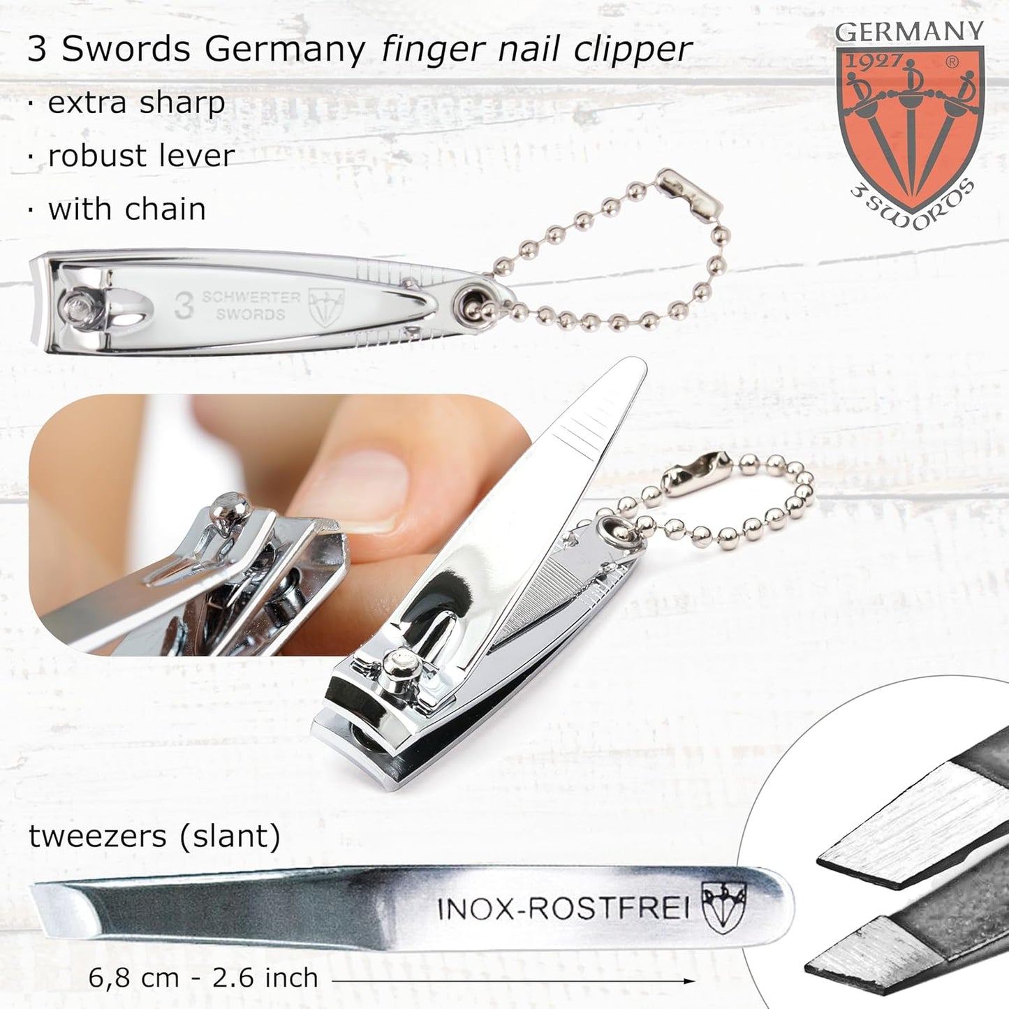 3 Swords Germany - Brand Quality 6 Piece Manicure Pedicure Grooming kit Set - Scissors, Metal and Glass Nail File, Clipper, Tweezers with Synthetic Leather case - Brown II