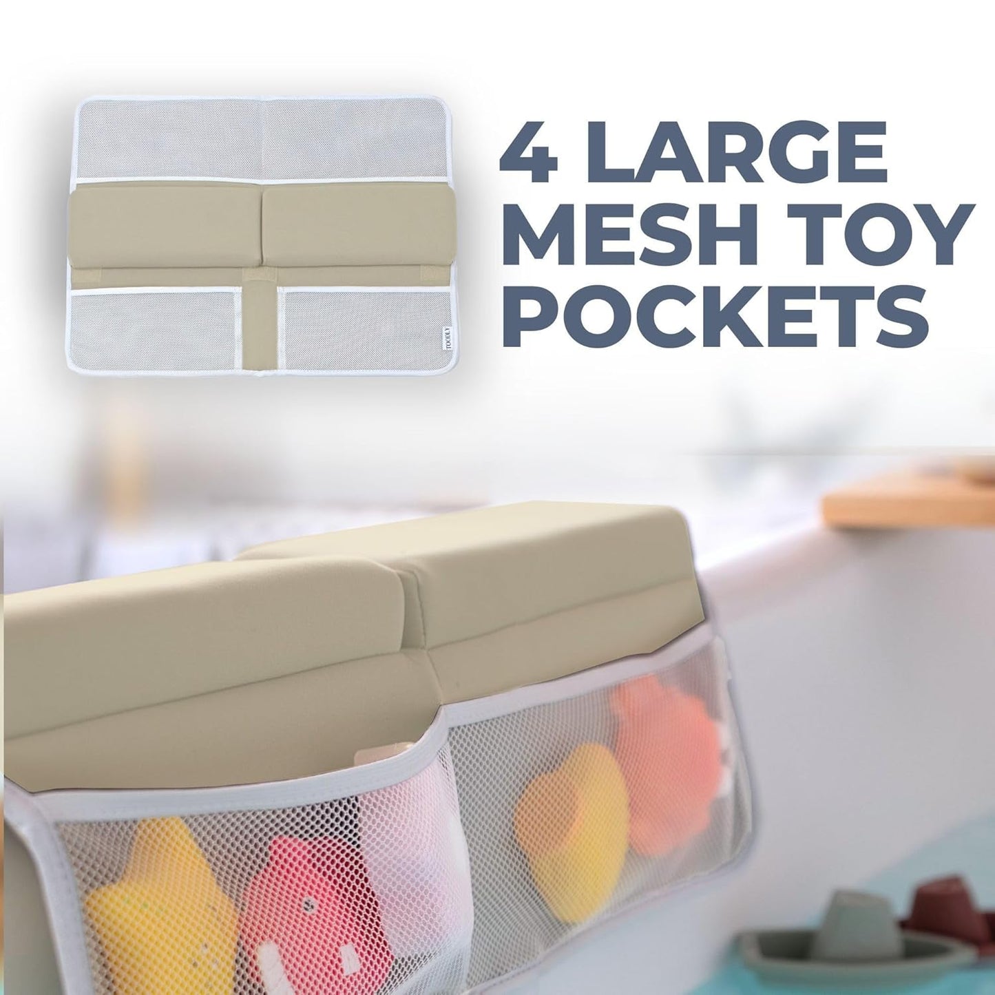 Comfortable Baby Bath Kneeler and Elbow Rest Pad Set – Thick Memory Foam Bath Kneeling Pad with Elbow Support – Baby Bathtub Cushion with Toy Organizer for Bathing Infant or Toddler - Beige