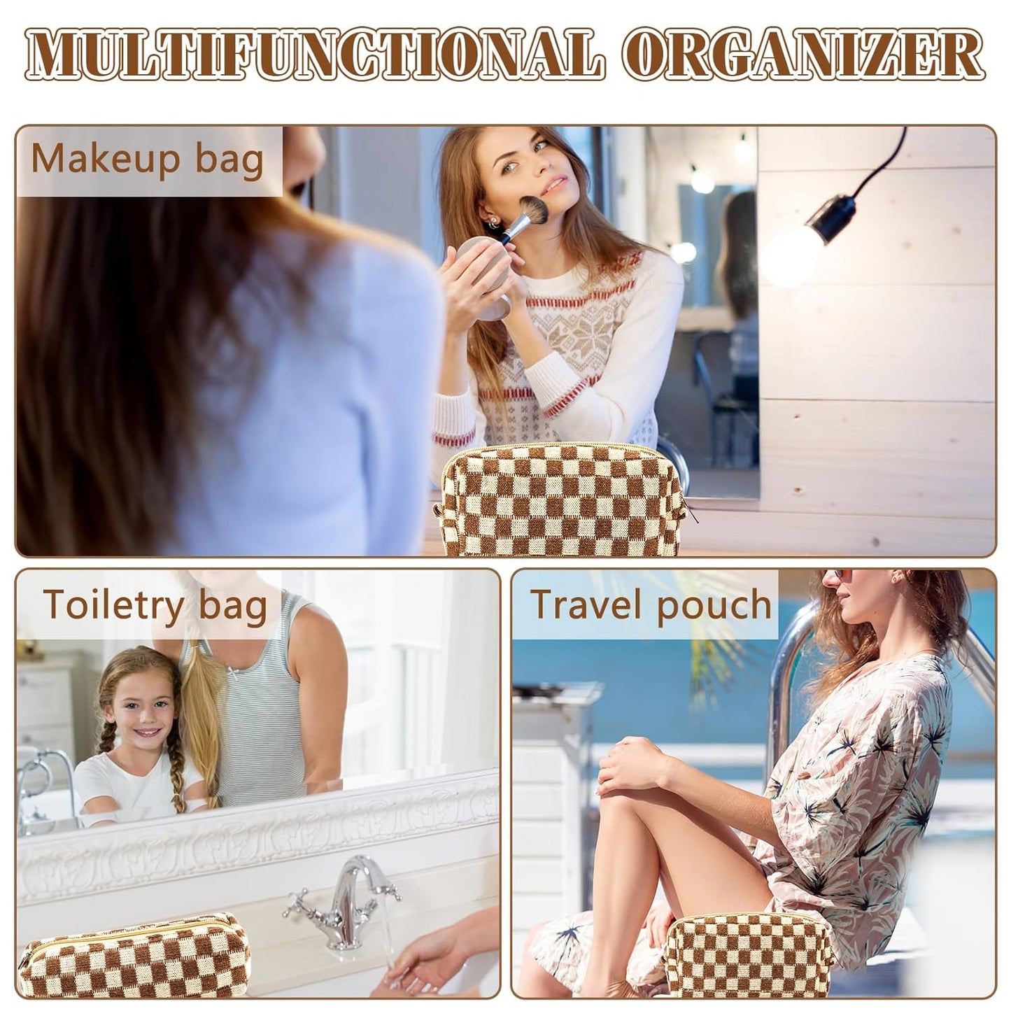 2Pcs Checkered Pencil Case Cute Pencil Pouch for Teens Checkered Makeup Bag Travel Cosmetic Bag Set Cute Makeup Pouch for Purse Portable Zippered Skincare Bags Preppy Toiletry Bags Organizer(Brown)