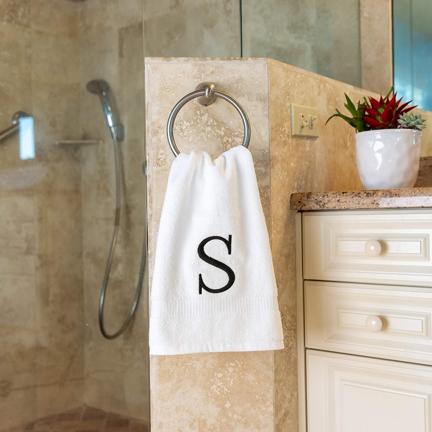 Black Letter Hand Towel for Bathroom - Monogrammed Initial Hotel Quality Decorative Embroidered Towel for Powder Room, Spa - GOTS Organic Certified - Set of 2 Letter S