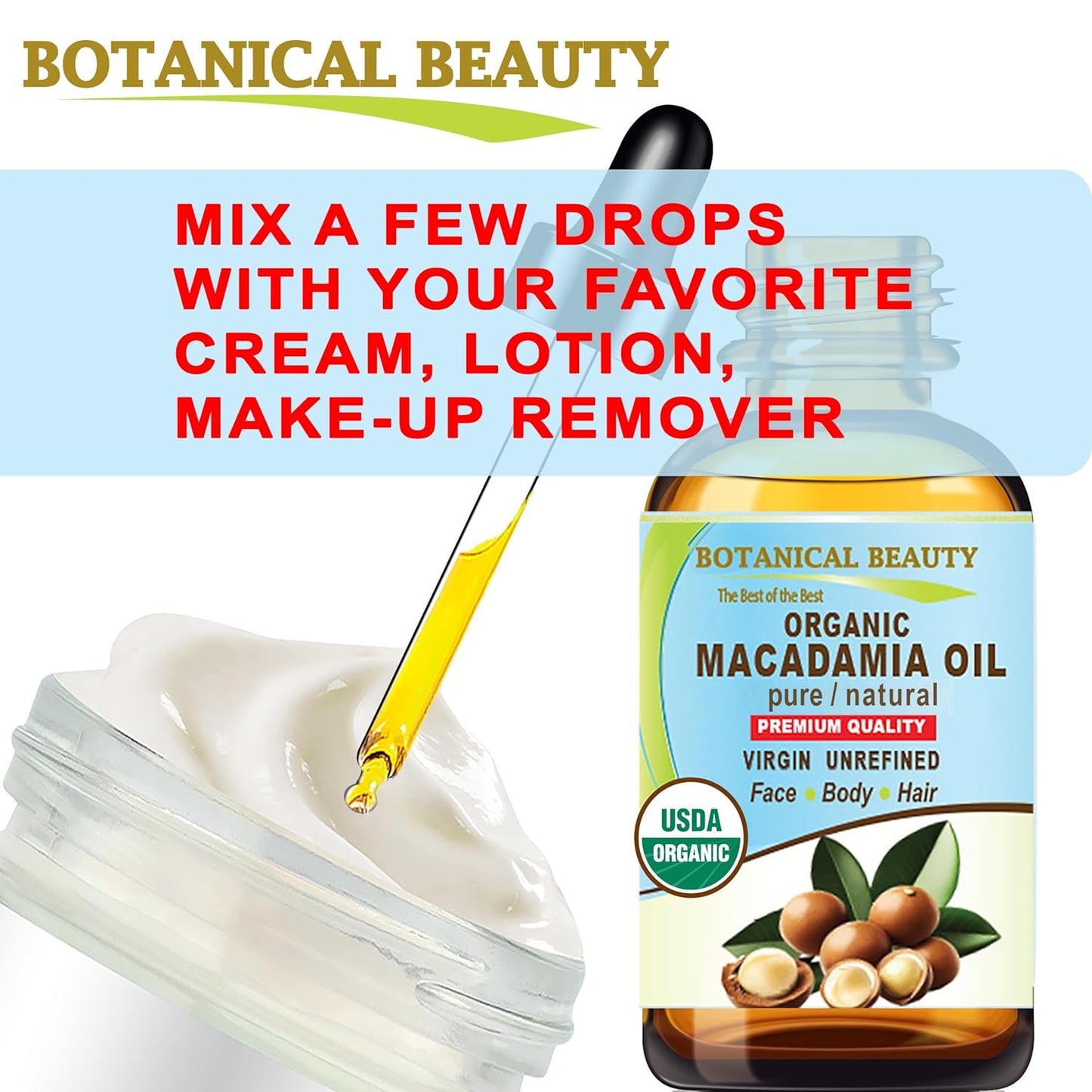 Botanical Beauty Organic MACADAMIA OIL 100% Pure Natural VIRGIN UNREFINED Cold-Pressed Carrier Oil for Face, Skin, Body, Hair, Lip, Nails. Rich in Vitamin E (1 Fl Oz)