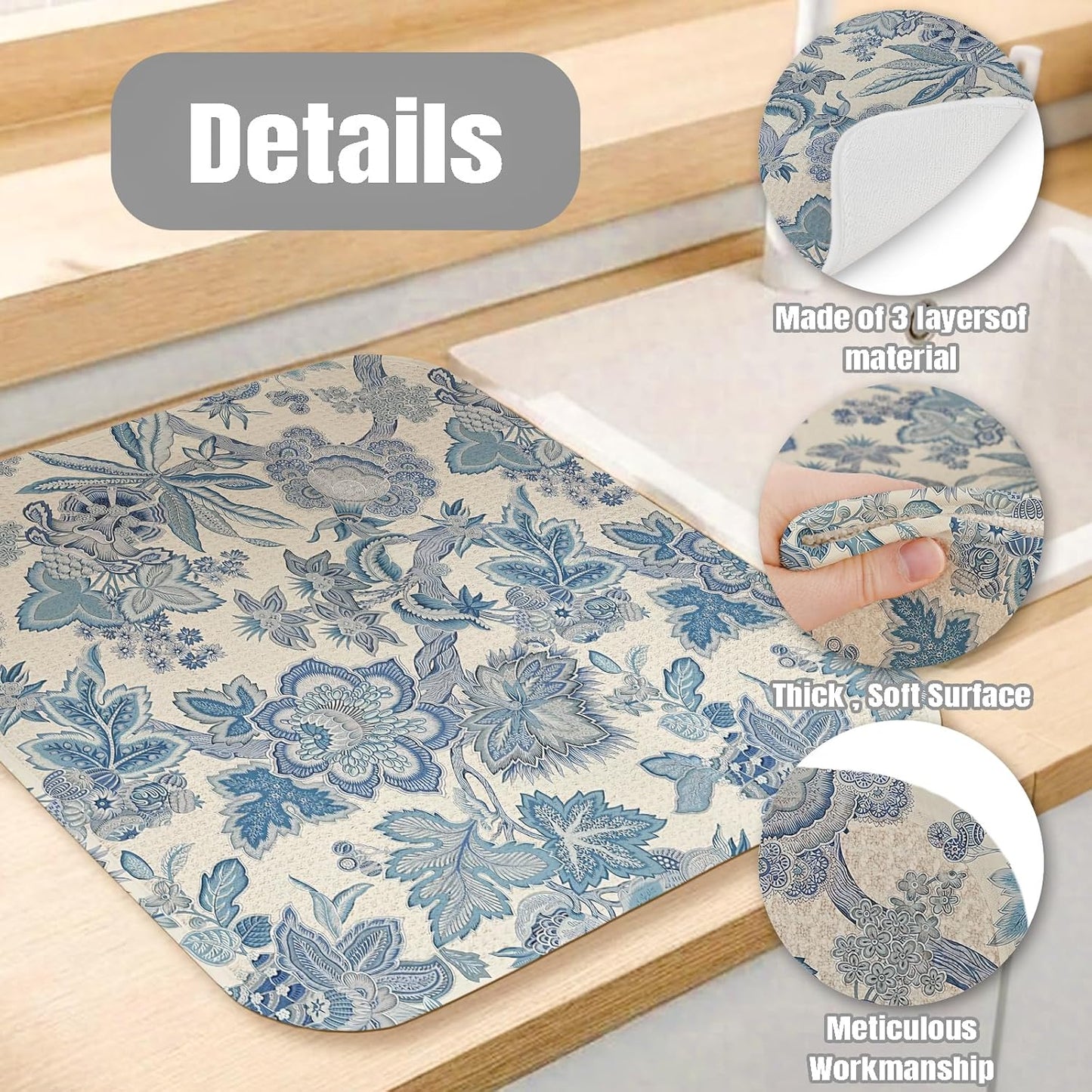 Dish Drying Mat for Kitchen Counter Large 16" x 18" Retro Blue Flower Absorbent Microfiber Dishes Drainer Rack Mats Pad Reusable Washable