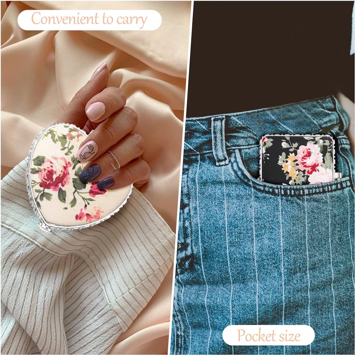 Blulu 16 Pcs Compact Mirrors for Purse Bulk Small Flower Pocket Mirror Vintage Portable Floral Folding Tea Party Favors Return Gifts for Women Christmas Birthday Wedding Makeup Travel(Silver Edge)