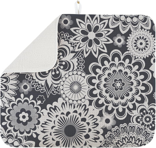 Dish Drying Mat for Kitchen Counter Large 16" x 18" Mandala Absorbent Microfiber Dishes Drainer Rack Mats Pad Reusable Washable