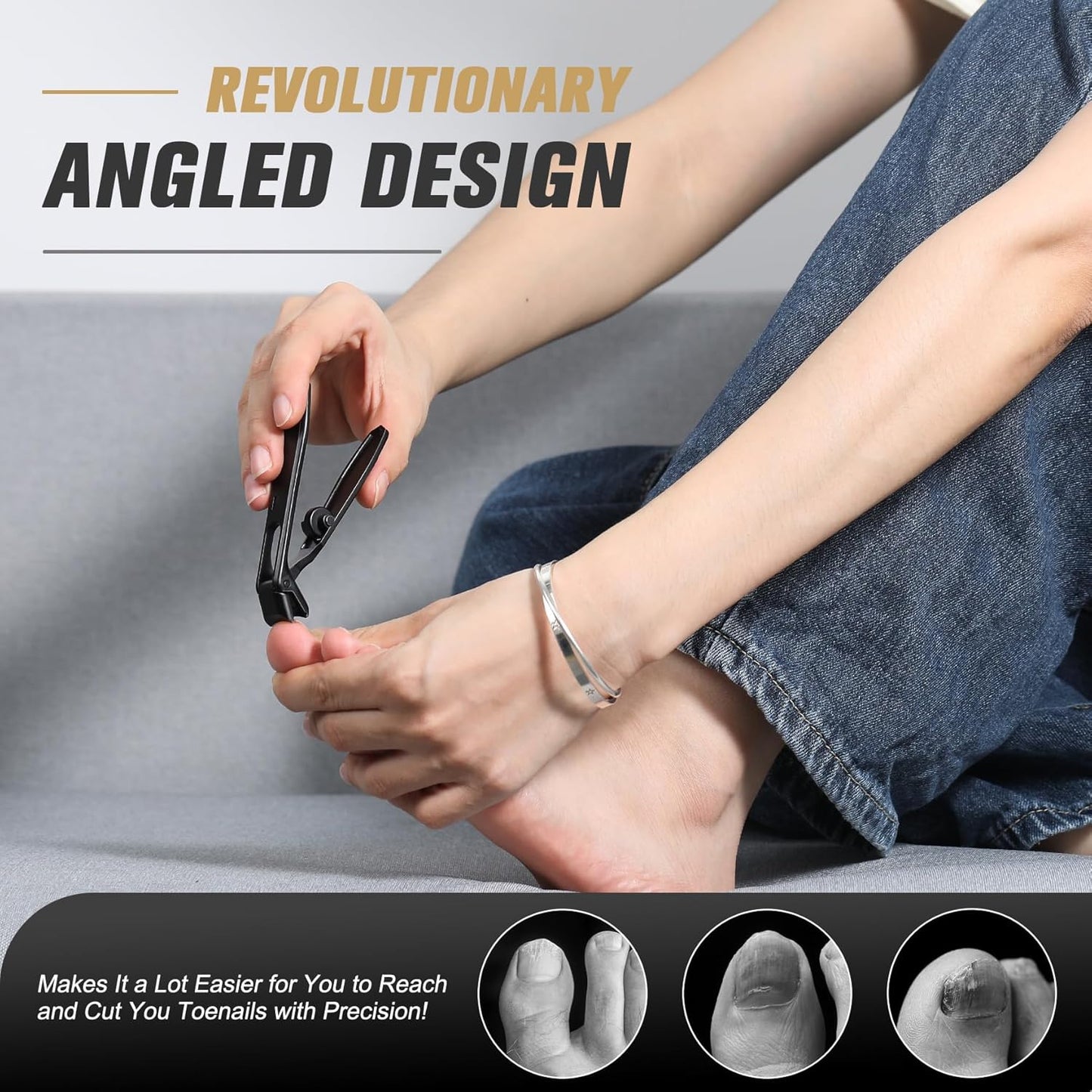 FERYES Curved Head Toe Nail Clippers for Thick Nails for Seniors - Ergonomic Senior-Friendly Finger Nail Clippers with Catcher, Sharp Toenail Clipper for Thick Toenails with Safety Locker (Black)