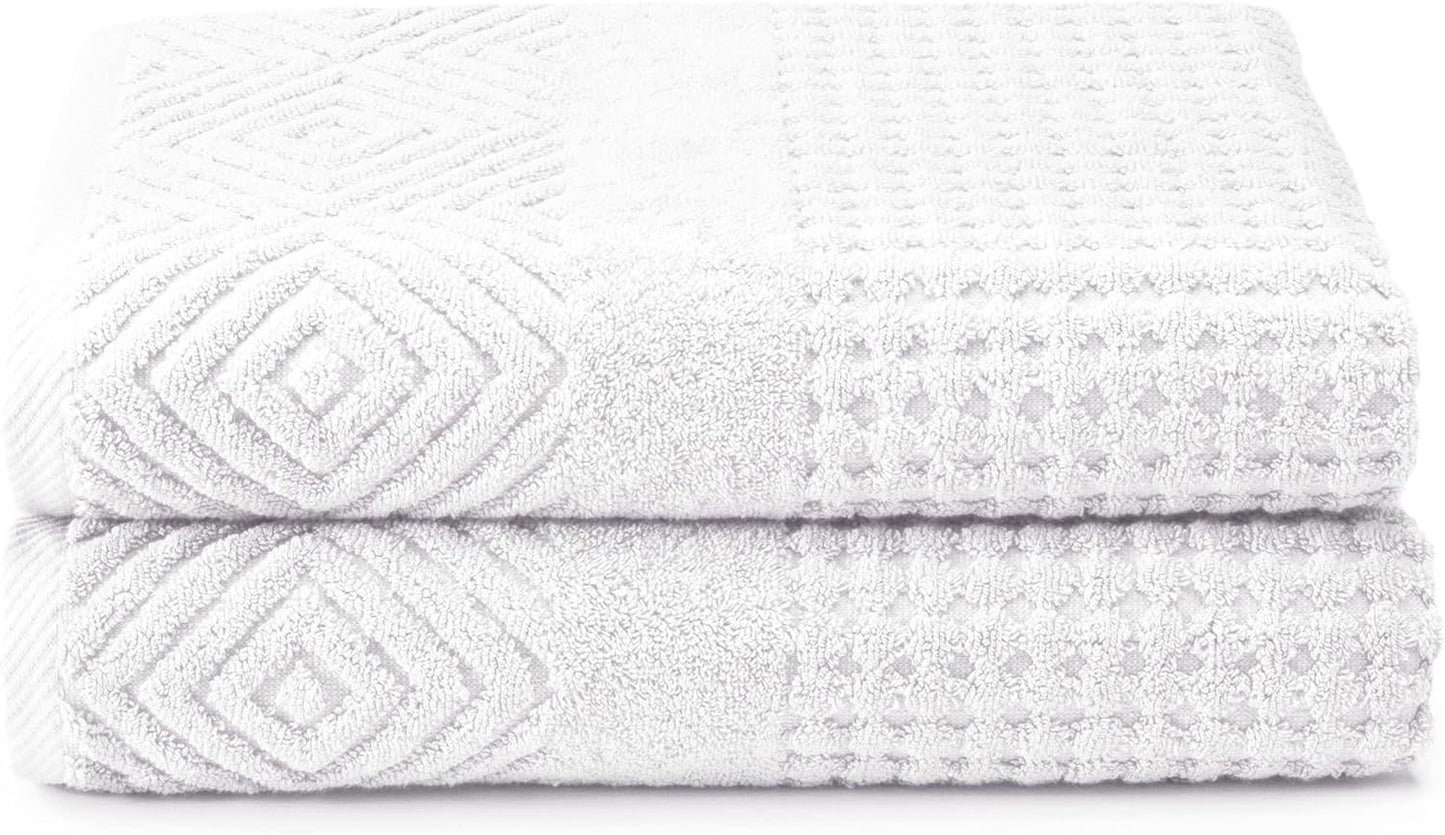 Texere 100% Organic Cotton Diamond Jacquard 700 GSM Luxury Bath Towel Sets - Ultra Soft and Absorbent Hotel and Spa Quality (Diamond, Bright White, 2 Bath Towels)