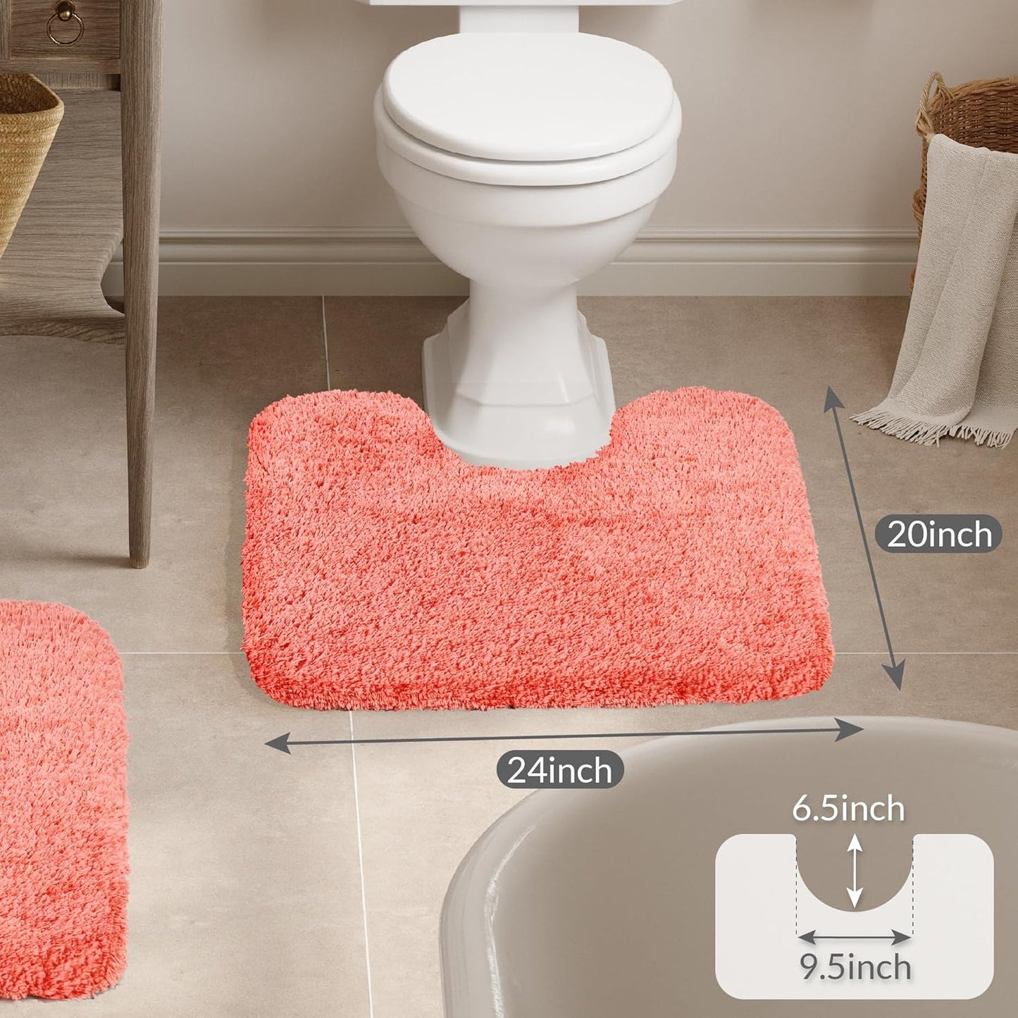 Walensee Bathroom Contour Rug (20x24, Living Coral) Non Slip Bath Mats Water Absorbent Soft Microfiber Shaggy Bathroom Mat Machine Washable Bath Rug U Shape Toilet Rug