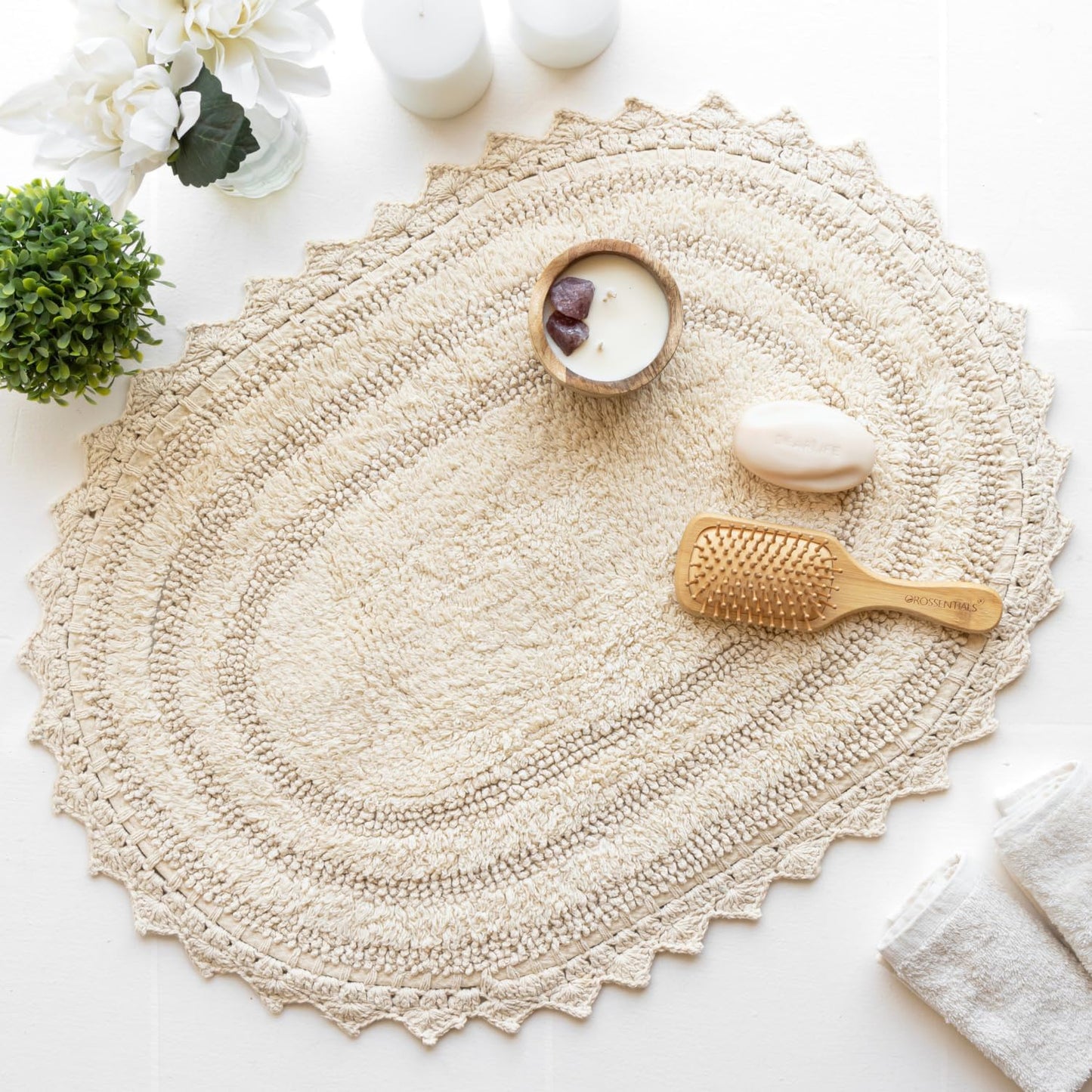 RAJRANG Bathroom Mat for Kitchen and Spa with Crochet Pattern Cotton Absorbent Soft Reversible Woven Bath Rug Shortbread Oval 34x21 Inches