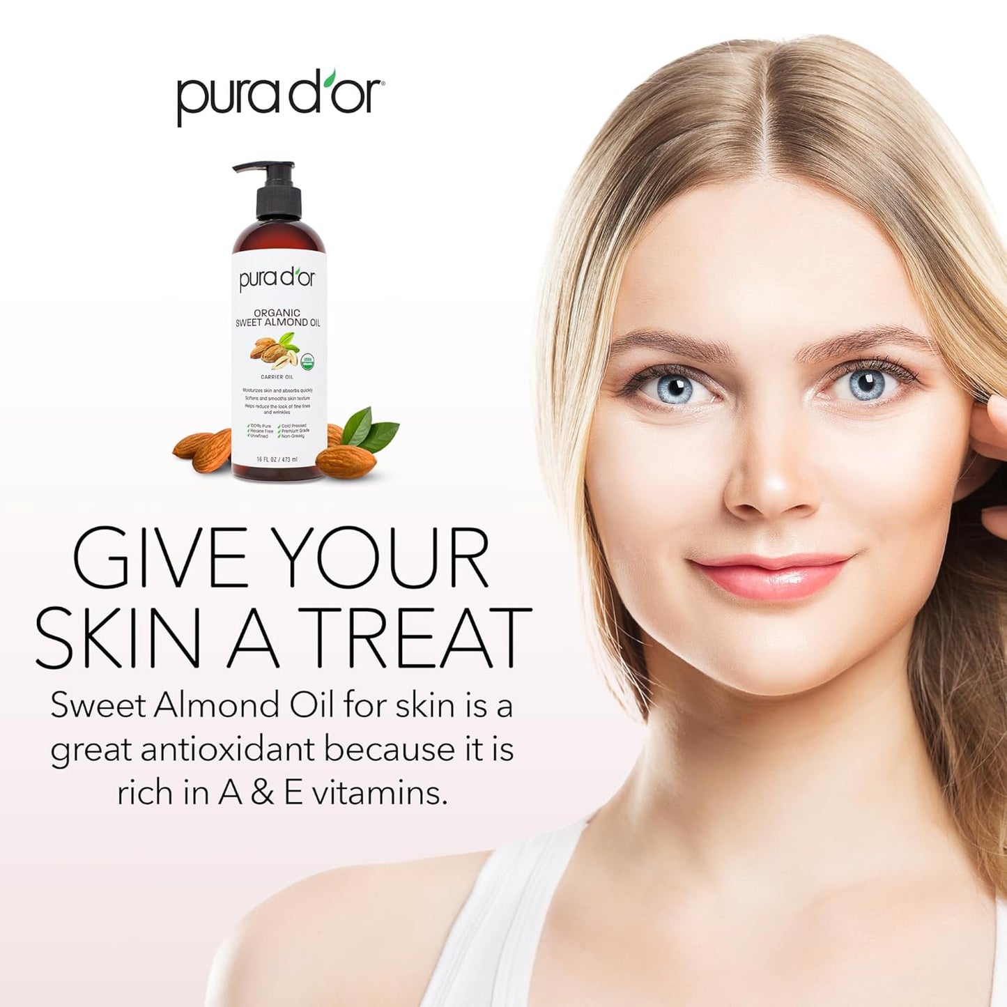 PURA D'OR 16 Oz ORGANIC Sweet Almond Oil - 100% Pure & Natural USDA Certified Cold Pressed Carrier Oil For DIY Beauty - Non-Greasy, Unscented, Hexane Free Moisturizer - Massage Oil For Hair & Skin