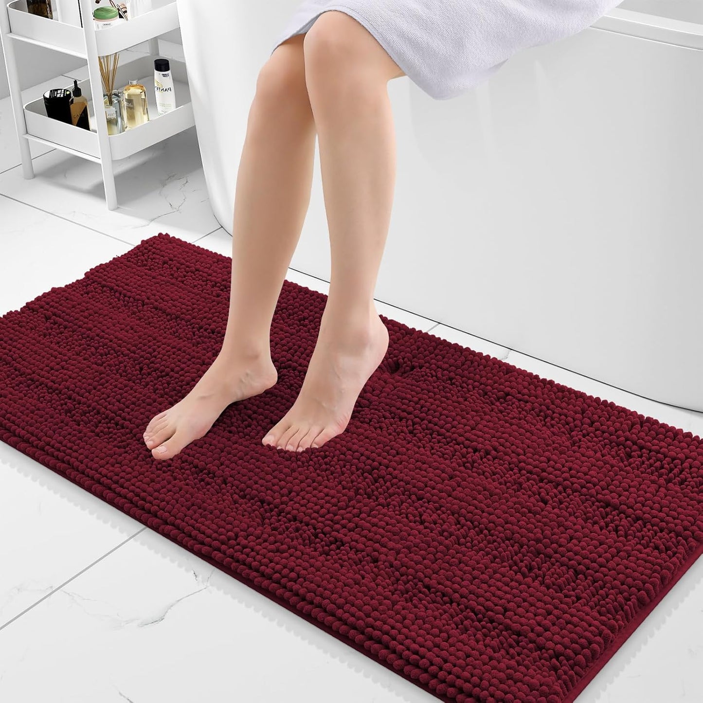 Grandaily Chenille Striped Bathroom Rugs 47x20, Extra Thick and Absorbent Bath Mats, Non-Slip Soft Plush Shaggy Shower Carpet, Machine Wash Dry, Bath Rug for Bathroom, Burgundy