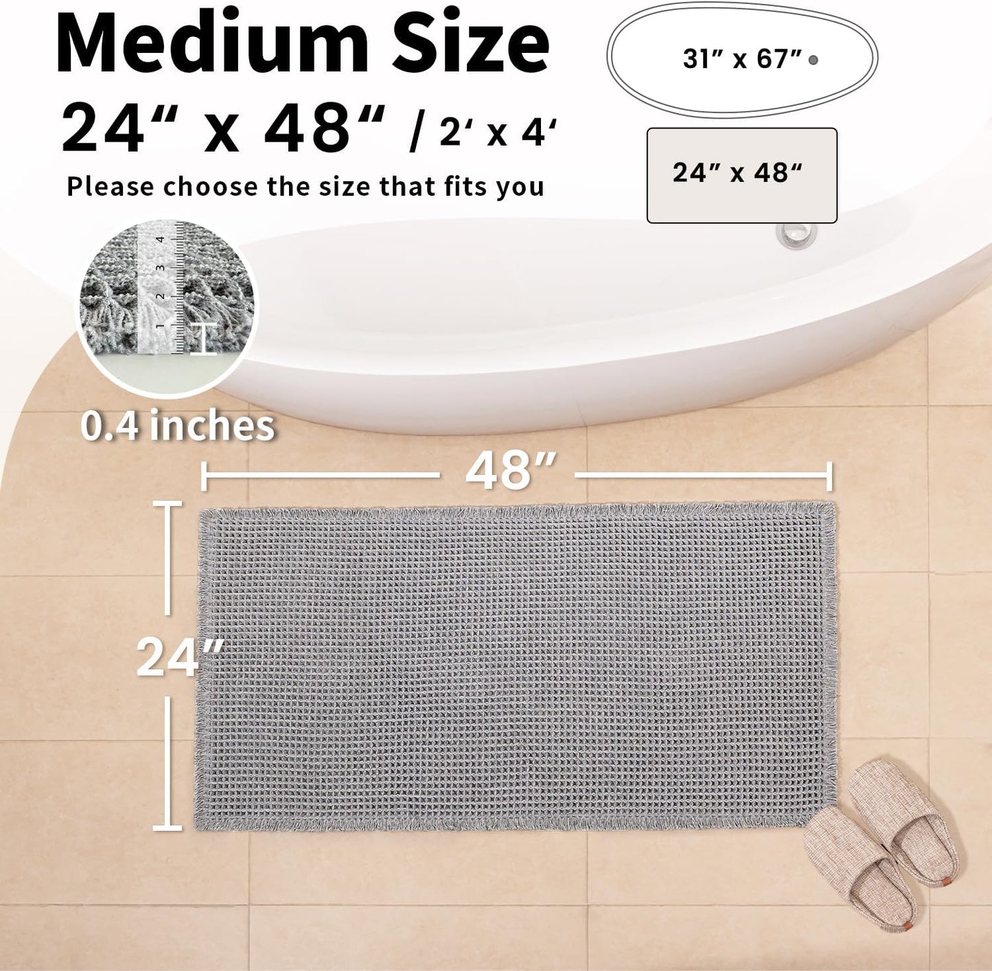 Waffle Bath Mat - Boho Bathroom Rugs Non Slip Washable, Super Absorbent & Quick Dry, Soft Bath Mat Farmhouse Bathroom Decor, 24'' x 48'', Light Grey