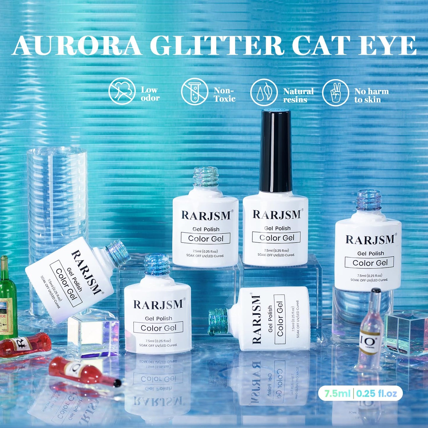 RARJSM Blue Cat Eye Gel Nail Polish Set 6pcs Reflective Diamond Glitter Clear Light Gray Sea Blue Green Tone Glass Cateye Gelpolish with Magnet Stick 7.5ml Curing Requires Soak Off for Home Salon