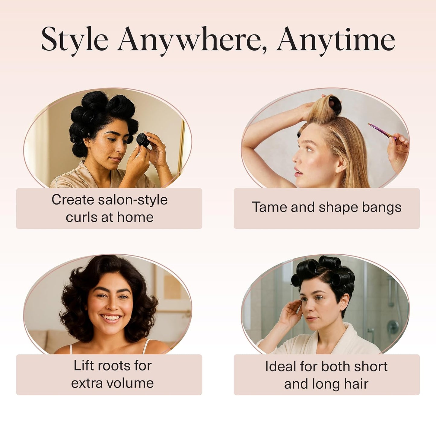 Kitsch Ceramic Thermal Hair Rollers for Women – Self Grip Hair Curlers for Heatless Curls Overnight - Volumizing Large Rollers for Short & Long Hair - For Long Lasting Frizz-Free Curls - Black, 8pcs