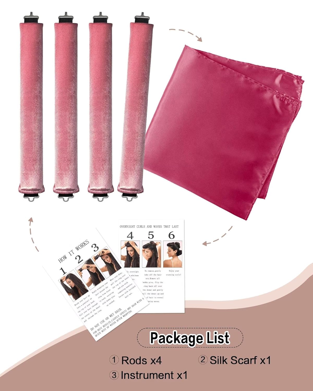 Heatless Curls Overnight Hair Curler - 4 Pcs Curling Rod to Sleep In, Velvet Hair Rollers with Satin Hair Scarf