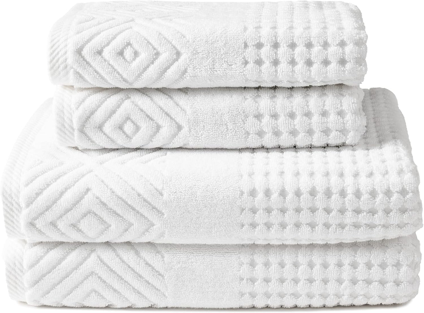 Texere 100% Organic Cotton Diamond Jacquard 700 GSM Luxury Bath Towel Sets - Ultra Soft and Absorbent Hotel and Spa Quality (Diamond, Bright White, 2 Bath & 2 Hand Towels)
